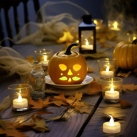 Flameless LED Candles With Remote Timer Warm White Flicker Battery Operated Tea Lights for Halloween table decor with pumpkins and leaves