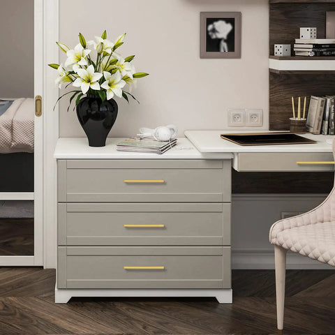 Modern dresser with Gold Brushed Brass Cabinet Pulls With Handy Screwdriver, 9 1/4 Inch Overall Length, in a home office