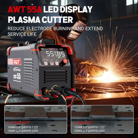 AWT 55A LED Display Plasma Cutter, non-touch pilot arc, pro grade, dual voltage, cuts up to three quarters inch cleanly