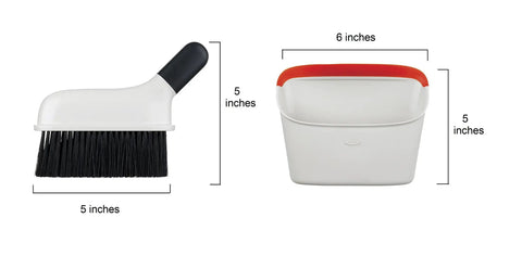 Compact Dustpan And Brush Set With Snap In Design And Bristle Cover, ergonomically designed angled handle, measurements shown