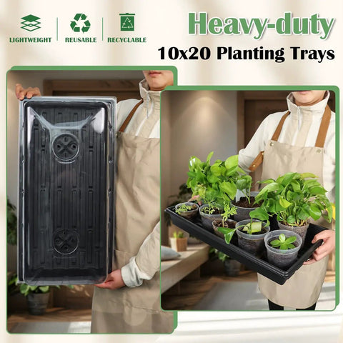 Person holding All In One Extra Tall 7.3 Inch Humidity Dome Seed Starter Tray Set Heavy Duty 1020 Size 5 Pack With Lids No Hole Flats