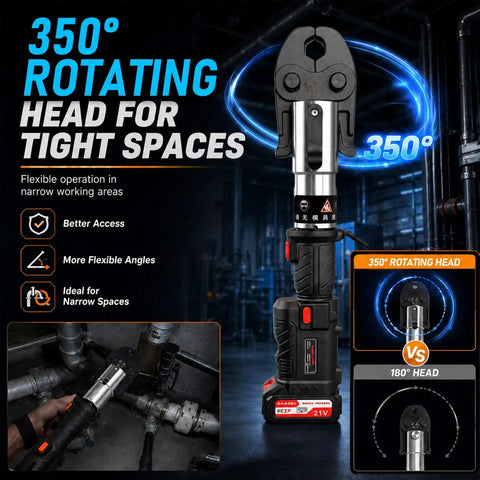360 Degree Rotating 60Kn Cordless Hydraulic Electric Pipe Crimping Tool For Copper Pipes, compact design for tight spaces.