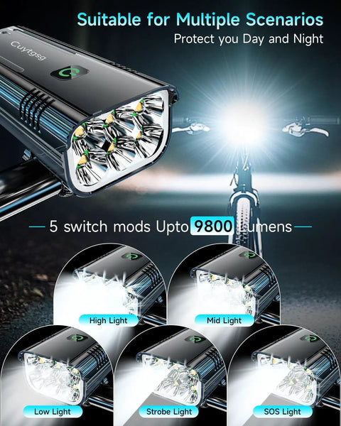 Beefed Up 9800 Lumen Bike Light For Night Riding With 6 LED Headlight Aluminum Rechargeable Front And Rear Bicycle Light 360 Degree Rotatable Bracket Waterproof 72 Hour Runtime 10 Modes Road Ready