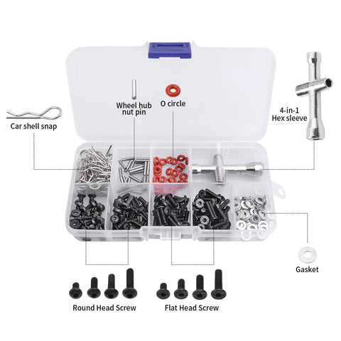 Pro RC Car Work Stand Repair Station With Screws Kit showcasing various screws and 4-in-1 hex sleeve compartmentalized in plastic box