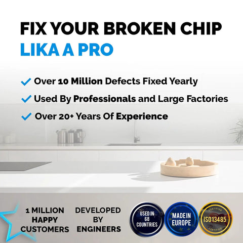 All-In-One Countertop Repair Kit For Quartz And Other Surfaces With Three Colors And Polisher Easy DIY Fix For Chips On Granite Acrylic Fiberglass Porcelain Tile And Ceramic displayed on modern kitchen countertop.