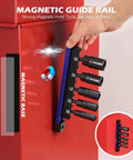 Five Piece Wing Nut Driver Set With Magnetic Aluminum Storage Rail Includes 10mm 12mm 14mm 16mm 18mm Metric Sizes And Quarter Inch Hex Shank Bits A Handy Pro Grade Kit secured on red magnetic surface.