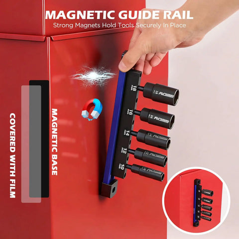 Five Piece Wing Nut Driver Set With Magnetic Aluminum Storage Rail Includes 10mm 12mm 14mm 16mm 18mm Metric Sizes And Quarter Inch Hex Shank Bits A Handy Pro Grade Kit secured on red magnetic surface.