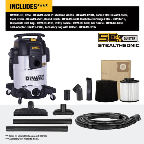 StealthSonic 10 Gallon Wet Dry Shop Vacuum With Ultra Quiet Motor, includes hose, nozzle, crevice tool, filter, and more