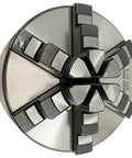 Front view of a 125mm six-jaw self-centering metal lathe chuck for CNC machine tools.