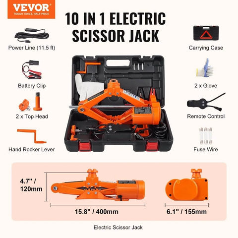 Electric Car Jack 3 Ton 6600 Lbs 12V Scissor Jack With Remote Control And Double Saddles Portable Car Jack For Sedan SUV Truck Tire Change Roadside Emergency Rescue shown in case with accessories