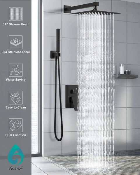 Premium High Pressure Shower System With 12 Inch Rain Head And 2 In 1 Handheld Sprayer Matte Black Wall Mount Fixture