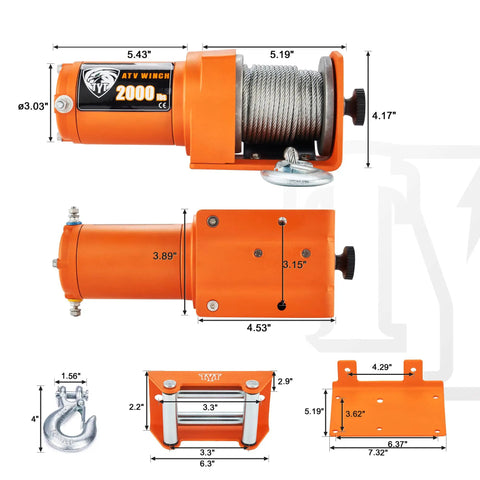 Beefy 2000 Lb ATV UTV Electric Winch Kit with 12V Motor Steel Cable Wired Remote Mounting Bolt Pattern IP67 Waterproof parts diagram