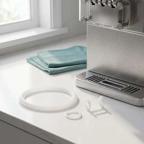Ice Cream Maker Seal Ring Kit Replacement Gaskets And Valve Stem Parts For Cone Machines O And H Shaped Silicone Gaskets DIY Friendly Easy Install Tight Seal Low Temperature Repair Set For Durable Maintenance white silicone gasket set beside stainless cone machine