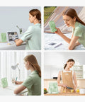 Rechargeable Desk Fan With 4500mAh Battery featuring a green foldable design, shown in use indoors and outdoors with a person