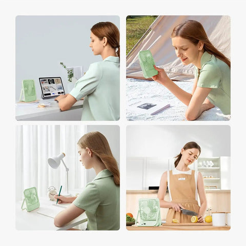 Rechargeable Desk Fan With 4500mAh Battery featuring a green foldable design, shown in use indoors and outdoors with a person