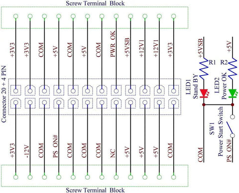 24-20 Pin ATX DC Power Supply Breakout Board Module circuit diagram with LEDs and terminal blocks labeled for connections.
