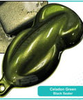 Celadon Green Automotive Basecoat Paint Gallon 128 Oz Ready To Spray Straight Outta The Can With Premium Slow Reducer For Easy Auto Body Repair And Crisp Professional Finishes on a black sealer sample.