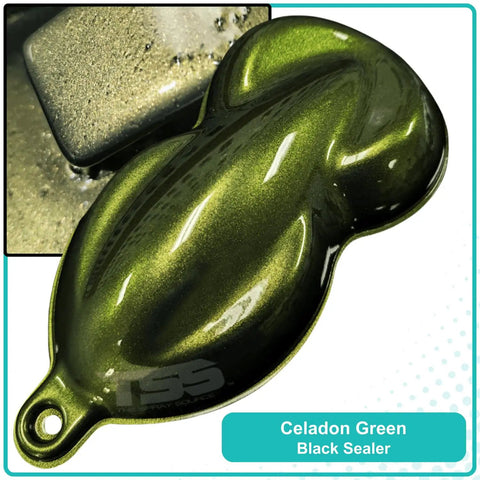Celadon Green Automotive Basecoat Paint Gallon 128 Oz Ready To Spray Straight Outta The Can With Premium Slow Reducer For Easy Auto Body Repair And Crisp Professional Finishes on a black sealer sample.
