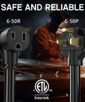 Close-up of 50 Ft Welder Extension Cord 30 Amp 10 Gauge 3 Prong Nema 6-50P To 6-50R connectors with ETL listed certification.
