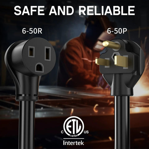 Close-up of 50 Ft Welder Extension Cord 30 Amp 10 Gauge 3 Prong Nema 6-50P To 6-50R connectors with ETL listed certification.