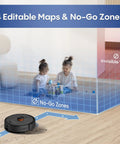 Robot Vacuum And Mop Combo With 6000Pa Monster Suction LiDAR Navigation Self Emptying Dock 90 Day Hands Free Smart Mapping WiFi App Alexa Compatible Cleans Pet Hair Dust And Debris On Hard Floors And Carpets showing no-go zones feature with children playing behind an invisible wall indicator.