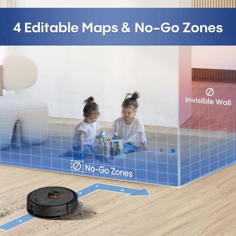 Robot Vacuum And Mop Combo With 6000Pa Monster Suction LiDAR Navigation Self Emptying Dock 90 Day Hands Free Smart Mapping WiFi App Alexa Compatible Cleans Pet Hair Dust And Debris On Hard Floors And Carpets showing no-go zones feature with children playing behind an invisible wall indicator.