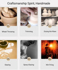 Craftsmanship spirit showcases the handmade pottery process: wheel throwing, trimming, drying, glazing, spray glazing, kiln firing.