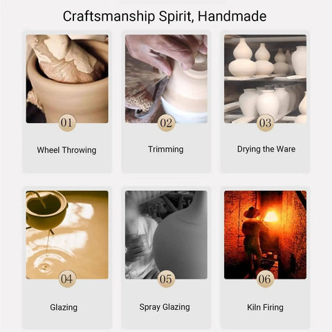 Craftsmanship spirit showcases the handmade pottery process: wheel throwing, trimming, drying, glazing, spray glazing, kiln firing.