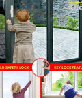 Double Bolt Sliding Glass Door Lock With Patented Tech For The Fam Family Safety And High Security Kid Safe Design Easy To Install Rugged Durable Build Virtually Burglar Proof White installed on sliding door with child demonstrating use.
