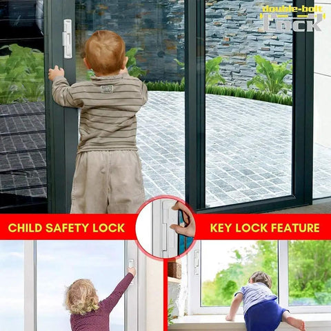Double Bolt Sliding Glass Door Lock With Patented Tech For The Fam Family Safety And High Security Kid Safe Design Easy To Install Rugged Durable Build Virtually Burglar Proof White installed on sliding door with child demonstrating use.