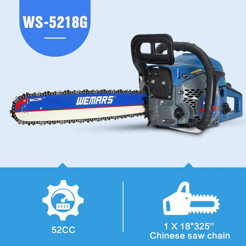 Rugged 52cc Gas Chainsaw With 18 Inch Bar And Two Stroke Power For Cutting Wood Outdoors Garden Farm Or Home Use Boss Level Gas Powered Saw With Anti Vibration Handles For Smooth Control Includes Tool Kit.