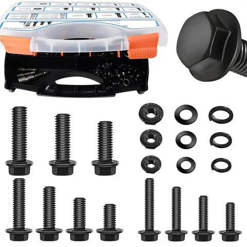Beefy 830 Piece Carbon Steel Hex Flange Bolts Kit For Furniture, Corrosion Resistant Coated Hardware With Metric Sizes displayed.