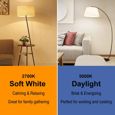 Comparison of 2700K soft white light and 5000K daylight in home settings, featuring two different living room lamp arrangements.