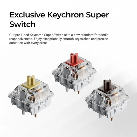 Top Shelf 75 Percent Wireless Mechanical Keyboard Featuring Backlit Double Shot PBT Keycaps And Bluetooth 5 2 Compatibility For Smooth Super Red Linear Switch Typing That Goes Hard  three Keychron Super Switches in yellow, red, and brown.