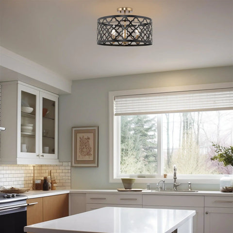 Kitchen with Dope 16 Inch 3 Light Modern Semi Flush Mount Ceiling Light With Metal Drum Shade In Warm Brass And Black Finish