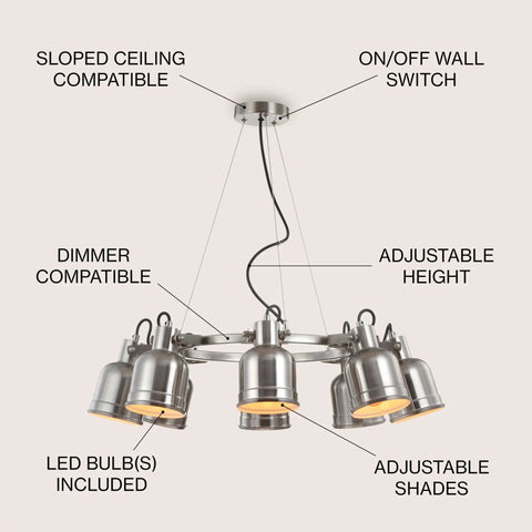 Nickel Modern Eight Light Industrial Wagon Wheel LED Chandelier For Your Kitchen Island Loft Dining Room With Metal Shades And Killer Energy Saving Bulbs Included showing adjustable features and installation compatibility.
