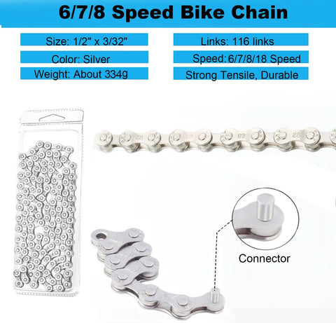 Bike Chain Repair Kit For 6/7/8 Speed Bikes With Chain Breaker And Link Pliers, silver chain, connector, specifications.