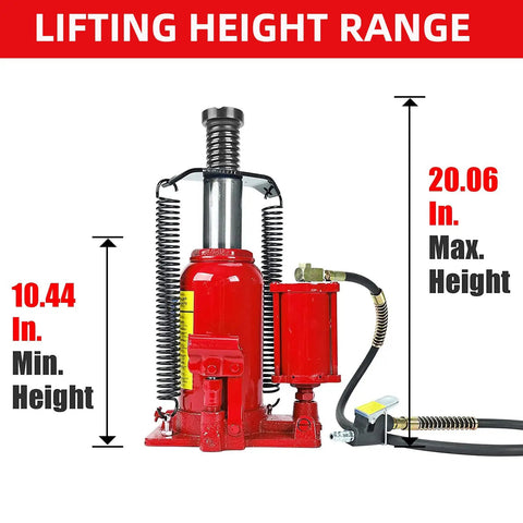 Beefy 20 Ton Bottle Jack With Manual Hand Pump And Air Hydraulic Lift For Auto And Truck Repair showing lifting height range