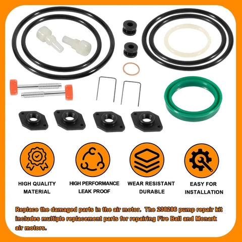 Air Motor Repair Kit 238286 Replacement For 5 To 1 Fire Ball 300 Pumps Upper And Lower Repair Parts components displayed
