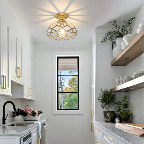 Brass Glass Semi Flush Mount Ceiling Light One Light Vintage Gold Fixture For Hallways Foyers Entryways Kitchens And Bathrooms Close To Ceiling With Crystal Cut Glass in a modern kitchen.