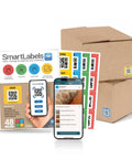 QR Code Sticker Pack For Storage And Inventory Tracking 48 Labels Color Coded System With App shown with boxes and phone app