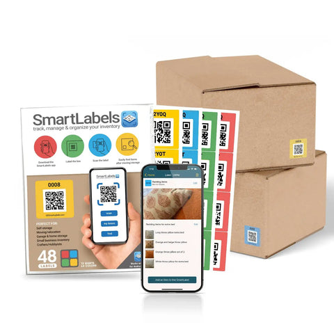 QR Code Sticker Pack For Storage And Inventory Tracking 48 Labels Color Coded System With App shown with boxes and phone app