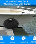 Marine Soft Vinyl Dock Wheel Bumper with Bracket attached to dock beside a boat in water