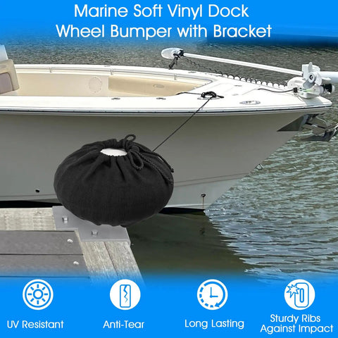 Marine Soft Vinyl Dock Wheel Bumper with Bracket attached to dock beside a boat in water