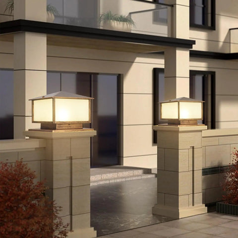 Heavy Duty Outdoor Post Lights With Hardwired E26 Socket And 3000K Warm White Bulbs For Porch Gate Columns Cast Aluminum Fixtures showcasing illuminated post lights at a walkway entrance.