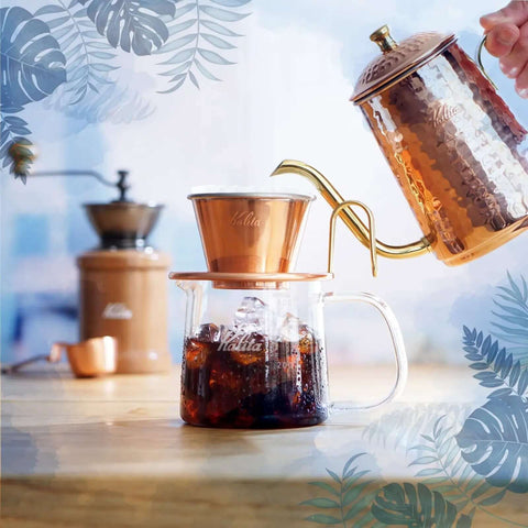 Copper Coffee Dripper TSUBAME WDC-185 For Two To Four Folks Pour Over Cone With Wave Filter 185 Compatibility on glass carafe