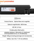 Diagram of Fiber Optic Inspection Microscope with specifications, showing dimensions, magnification, LED life, and adapter interfaces.