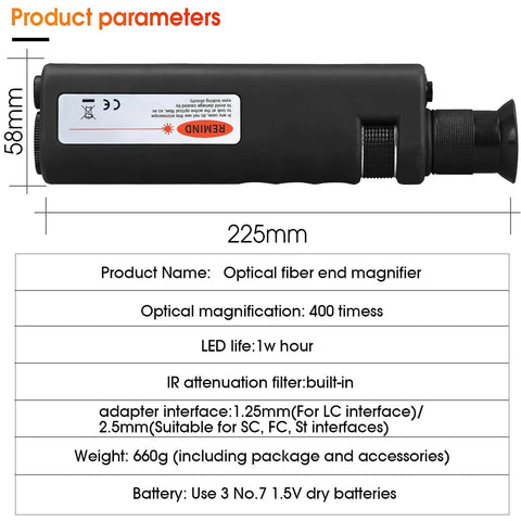 Diagram of Fiber Optic Inspection Microscope with specifications, showing dimensions, magnification, LED life, and adapter interfaces.