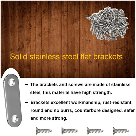 Solid stainless steel flat brackets and screws with round ends, part of 20 Pieces Stainless Steel Straight Brace Brackets 2 Inch Flat Mending Plates set.