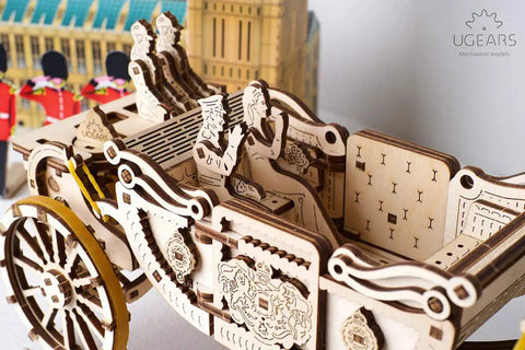 Royal Wedding Carriage Mechanical Wooden Model Kit With Four Horses, Vintage carriage replica with carved wood interior and wheels